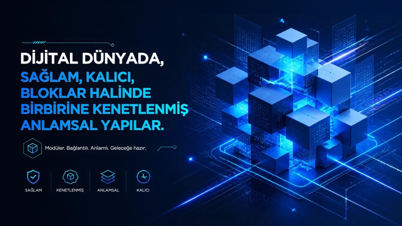 Kalıcı ve birbirine kenetlenmiş anlamsal dijital yapıları temsil eden görsel.