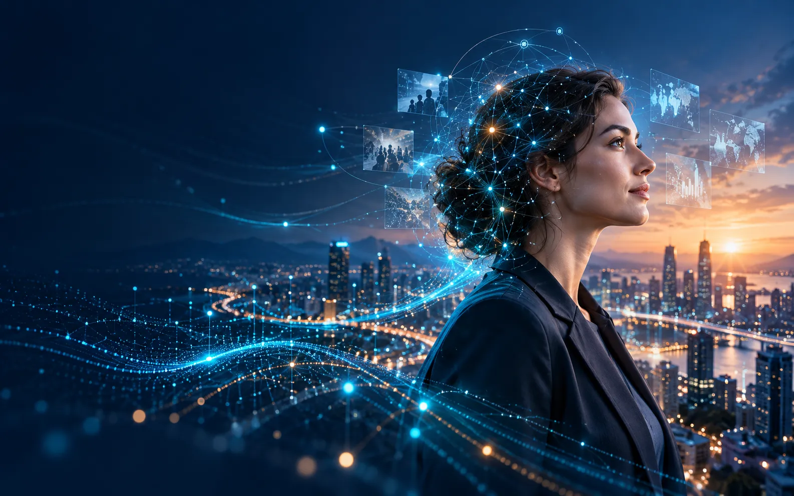 Analythick visual representing the relationship between human insight, data networks and artificial intelligence